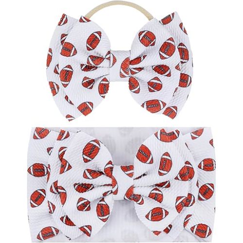 YanJie Hairband, Football Sports Printed Handmade Hairbands for Baby Girls Infant - 2 Pack, Nylon Game Day Hair Bow Headbands, Super Soft Breathable, Ideal for Football Season, Photography