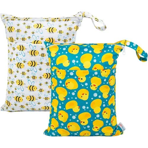 ALVABABY 2pcs Cloth Diaper Wet Dry Bags Waterproof Reusable with Two Zippered Pockets Travel Beach Pool Daycare Soiled Baby Items Yoga Gym Bag for Swimsuits or Wet Clothes L114117