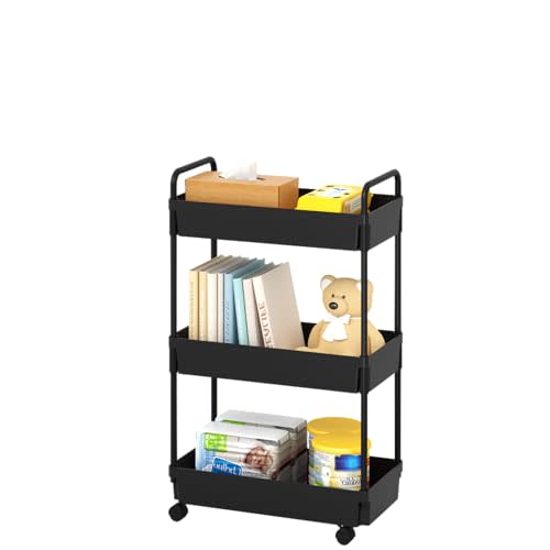 Kaitiemoo 3-Tier Storage Cart，Shelf Organizer Mobile Shelving ，Utility Rolling Cart，Multifunction Movable Storage Organizer with Lockable Wheels,Black