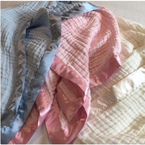 Baby Blanket, 6 layers of cotton muslin edged with satin trim