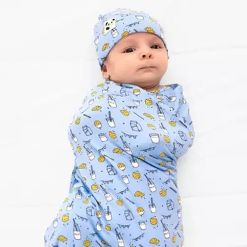 Milk & Cookies Blue Bamboo Swaddle & Beanie Set Blue Newborn