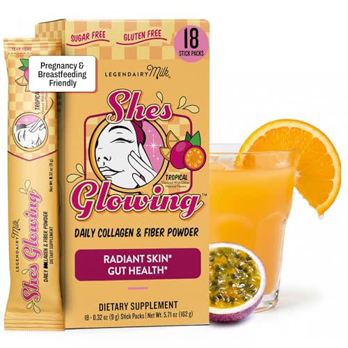 Legendairy Milk She’s Glowing Collagen Peptides Powder with Prebiotic Fiber, Tropical Drink Mix Supplement for Women, Digestive Support & Daily Wellness, 18 Stick Packs