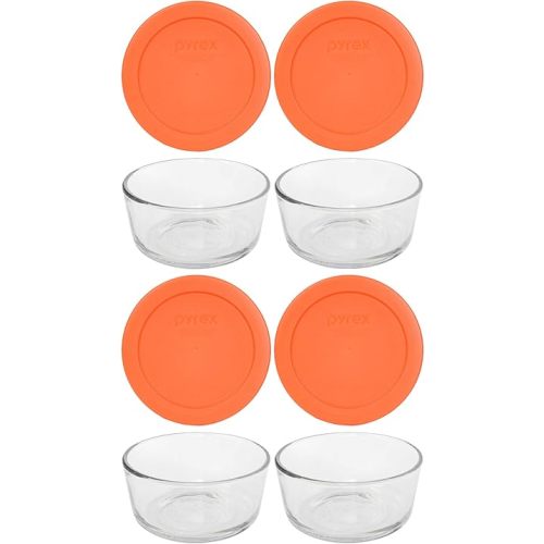Pyrex (4 7200 2 Cup Glass Dishes & (4) 7200-PC 2 Cup Orange Lids - Made in the USA