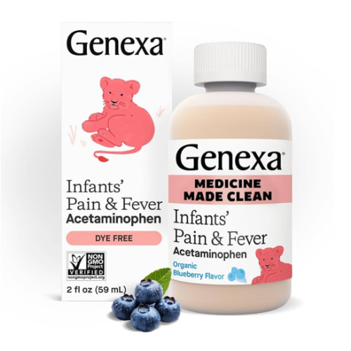 Genexa Infants' Clean Acetaminophen | Pain Reliever & Fever Reducer | Dye Free, 0% Artificial Additives | Baby Sick Essentials & Infant Medicine | Delicious Organic Blueberry Flavor, 2 fl oz
