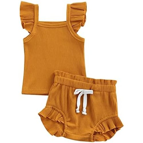 Toddler Baby Girl Summer Short Clothes Ribbed Ruffle Sleeve Tops+Elastic Drawstring Short Pants Two Piece Solid Outfit Set