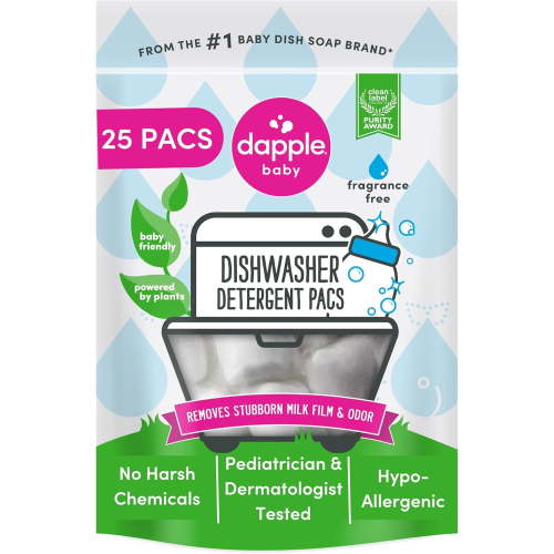 Baby Dishwasher Pacs, Hypoallergenic Dishwasher Pods Powered by Plants, Removes Milk Residue & Odor on Dishes, Baby Bottles & Kitchenware, Fragrance Free, 25 Count (Pack of 1)