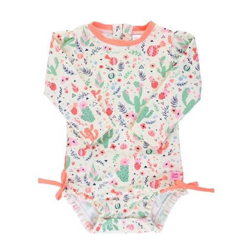 RuffleButts Baby Girls UPF 50+ Sun Protection Floral Printed Long Sleeve One Piece Rash Guard Swimsuit with Zipper