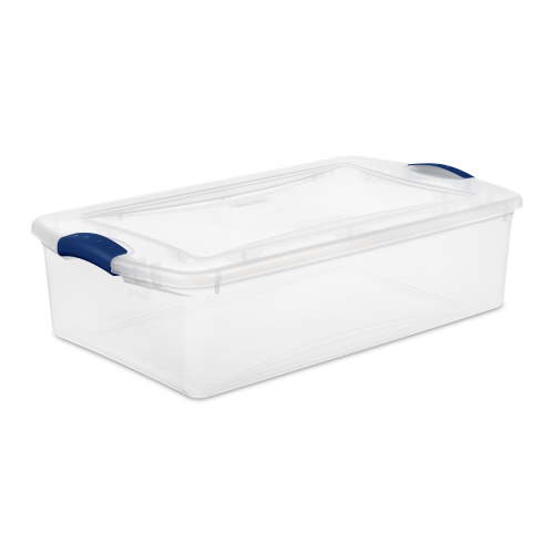 Sterilite 32 Quart Clear Underbed Storage Bin, Plastic Container with Blue Latch Lid