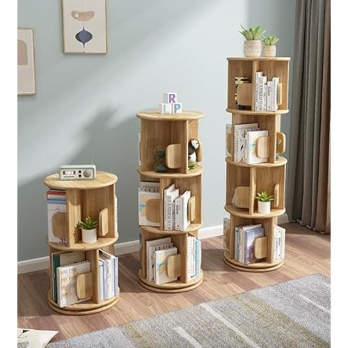 3-Tier Rotating Natural Rubberwood Timber Bookcase Bookshelves 98cm