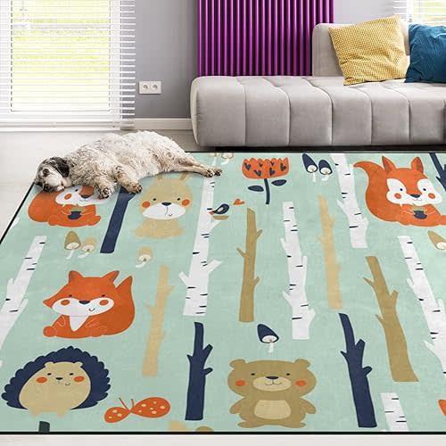 Naanle Fox Area Rug 5'x7', Forest Background with Cute Animals in Cartoon Style Polyester Area Rug Mat for Living Dining Dorm Room Bedroom Home Decorative