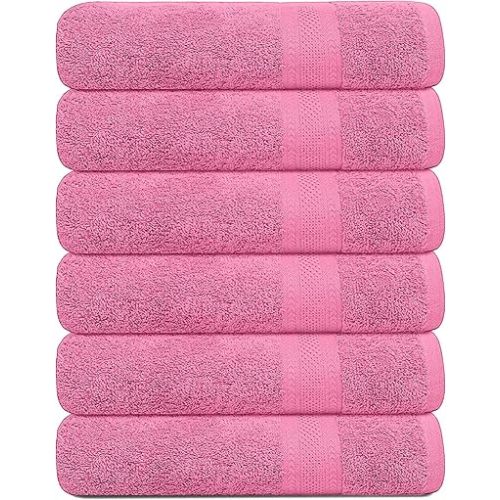 100% Cotton Bath Towels, 24x48 Pack of 6 Towels, Quick Dry, Highly Absorbent, Soft Feel Towel, Gym, Spa, Bathroom, Shower, Pool, Luxury Soft Towels (Pink, 24x48-6 Pack)