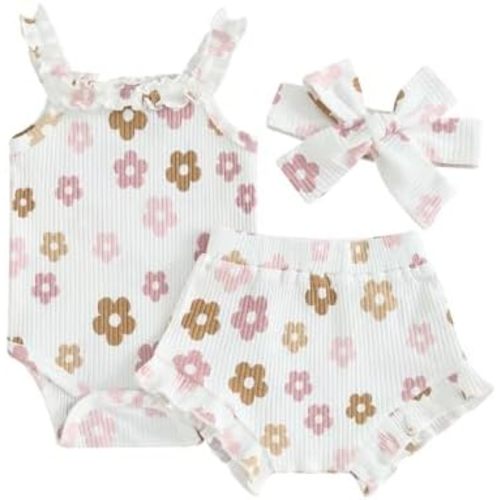 3pcs Toddler Girls Summer Outfits Ribbed Halter Crop Top Romper Bodysuit +Floral Bloomer Shorts+Headband Clothes Set