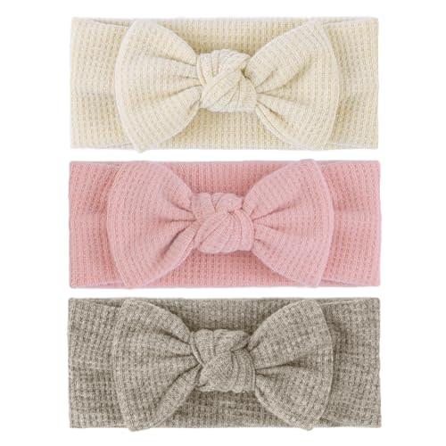 Lanmerry Hairband with Bows - Classic Headband Bow for Baby Girl Toddler Girls Hair Accessories, 3Pcs, Beige, Dark Khaki, Light Pink