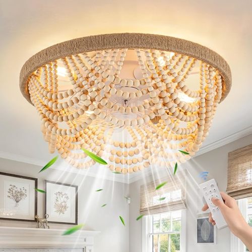 Bella Depot 20" Boho Caged Ceiling Fan with Light, Flush Mount Wood Beaded Fandelier Chandelier Fan, 6 Speeds Reversible Bladeless Ceiling Fan for Bedroom Kids Room Kitchen