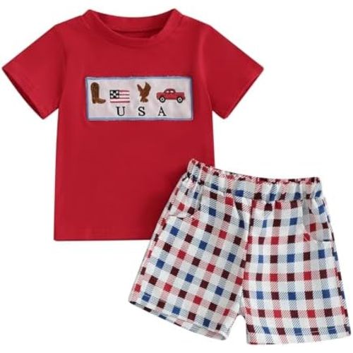 Baby Boy 4th of July Outfit Short Sleeve Letter Print T-Shirt + American Flag Shorts Set Fourth of July USA Clothes