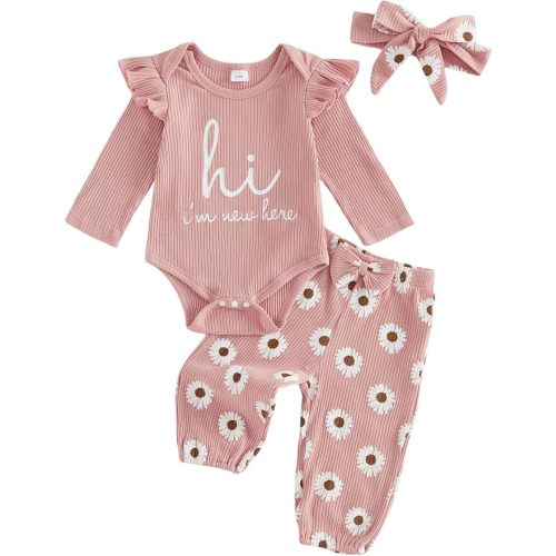 Sejardin Infant Baby Girl Fall Clothes Ribbed Long Sleeve Letter Romper + Floral Pants + Headband Newborn 3 6 12 18M Outfit