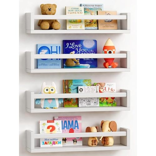 Forbena Floating Nursery Book Shelves for Wall Set of 4, Wall Bookshelf for Kids Room, White Wood Hanging Bookshelves Book Shelf for Baby Toddler Childrens Boy Girl Bedoom Toy and Decor Storage