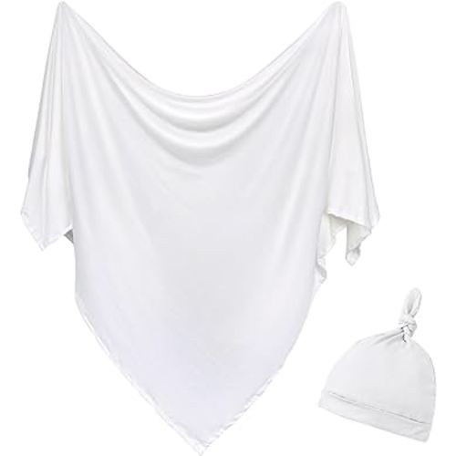 Newborn Swaddle Blanket with Hat Set Baby Swaddle Set Hospital Receiving Blankets for Girls Boys(Ivory,35"*35")