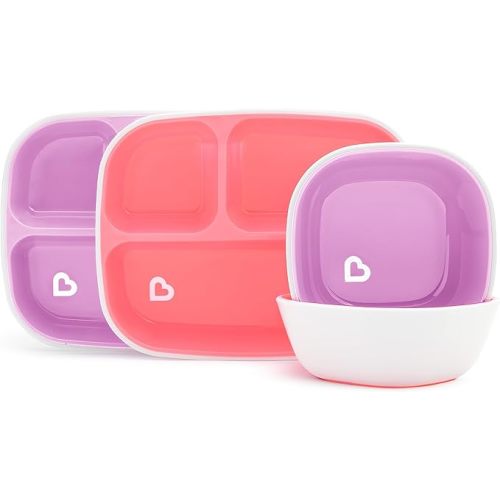 Munchkin® Splash™ 4 Piece Toddler Divided Plate and Bowl Dining Set, Pink/Purple