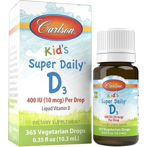 Carlson - Kid's Super Daily D3, Vitamin D Drops for Kids, 400 IU per drop, 1-Year Supply, Heart & Immune Health, Vegetarian, Liquid Vitamin D Drops, Unflavored, 365 drops