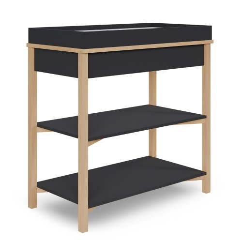 Dream On Me Owen Changing Table in Matte Black Vintage Oak, JPMA Certified, with two bottom shelves for storage