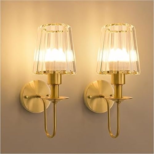 Battery Operated Wall Sconces Set of 2 – 5200mAh Rechargeable Gold Crystal Glass, 15 Colors & 10-Level Dimmable, Wireless Wall Lights for Living Room & Bedroom