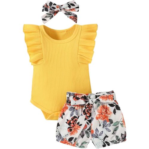 Baby Girl Clothes Infant Summer Outfits Set Ruffle Sleeve Romper Floral Pants 3PCS Bodysuit +Shorts +Headband
