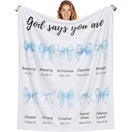 Christian Blanket Blue Bow Decor Religious Gifts for Women Mom Sister Birthday Inspirational Scripture Throw Blankets Baptism Gifts for Girl Christmas Home Decorations 50" x 60"