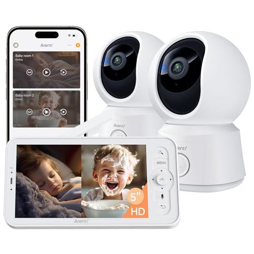 ARENTI Baby Monitor 2 Cameras, Smart Baby Camera with 5-Inch Wireless Display, Super Night Vision, Temperature Sensor, Sound Detection, Auto Motion Tracking, 2-Way Audio, VOX Mode(B2 Set)