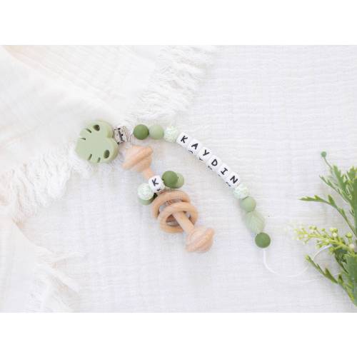 Personalized Pacifier Clip: Montessori Rattle Toy - Baby Keepsake