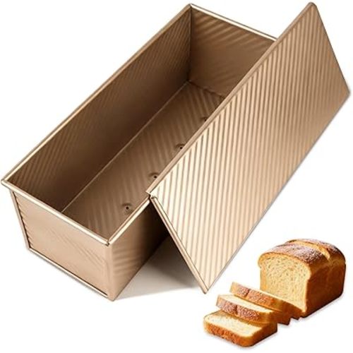 Pullman Loaf Pan with Lid 13x5 Inch, Nonstick Aluminum Steel Bread Pan for Baking, Corrugated Sandwich Toast Pan with Bottom Vent Holes, 2.2LB Gold Loaf Pan
