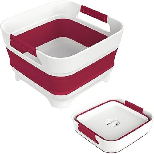 2.4 Gal Collapsbile Wash Basin with Drain Plug,9L Dish Pan for Soaking Baby Bottles,Portable Sink, Multiuse Foldable Bucket,Ice Beverage Tubs for Camping, Vegetable Washing, RV (Viva Magenta)