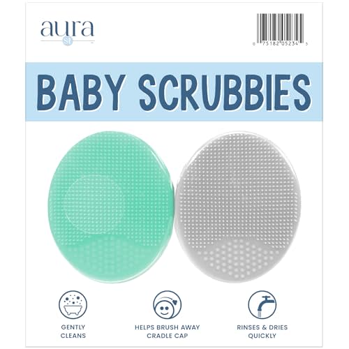 S&T INC. Exfoliating and Massaging Cradle Cap Bath Brushes for Baby, Silicone - 2 Inch x 2.5 Inch, Grey and Teal, 2 Pack