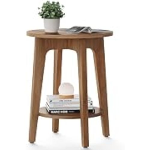 VASAGLE Round Side Table with Lower Shelf, End Table for Small Spaces | Nightstand with Tapered Legs, Curved Transitions, for Living Room, Bedroom, Honey Brown, MAEZO Collection ULET283T41