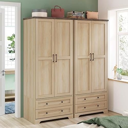 Yechen 71" Wooden Armoire Wardrobe Closet Set of 2- Modern Functional Clothes Tall Storage Cabinet with Adjustable Shelf and Hanging Rail, Sturdy Freestanding Closet with 2 Wide Drawers (Natural)