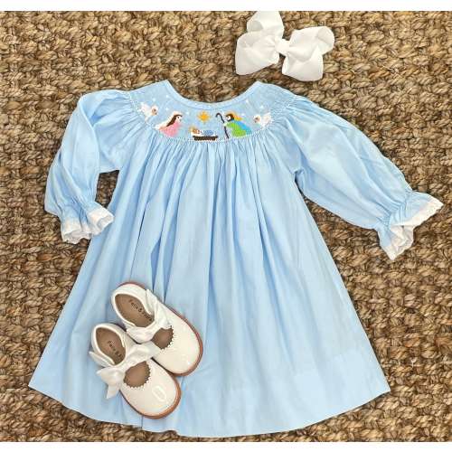 Christmas Nativity Smocked Dress in Light Blue - Bishop Dress, Long-Sleeve, Vintage Style, Matching Sibling , Baby Girl Heirloom 459 *G