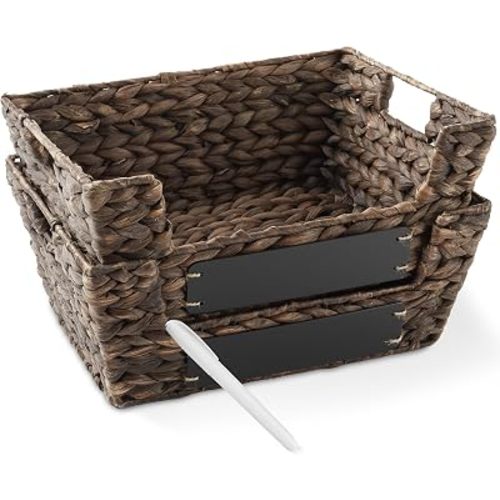 Casafield Set of 2 Water Hyacinth Pantry Baskets with Handles, Chalkboard Labels, and Marker - Espresso, Wide Woven Storage Bin Organizers for Kitchen Shelves