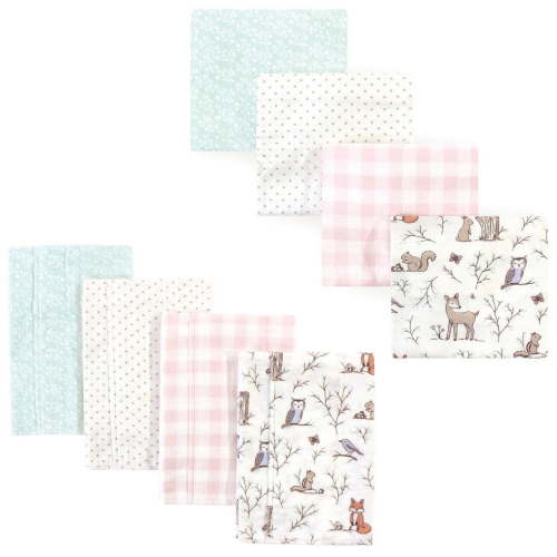 Hudson Baby Infant Girl Cotton Flannel Burp Cloths and Receiving Blankets, 8-Piece, Enchanted Forest, One Size