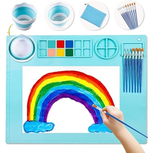 Silicone Craft Mat 20X16 Inch Large Silicone Art mat with Detachable Cup Painting Mat with 10 Painting Brushes Silicone Drawing Mat Sheets for Kids Adult DIY Accessories (Blue)