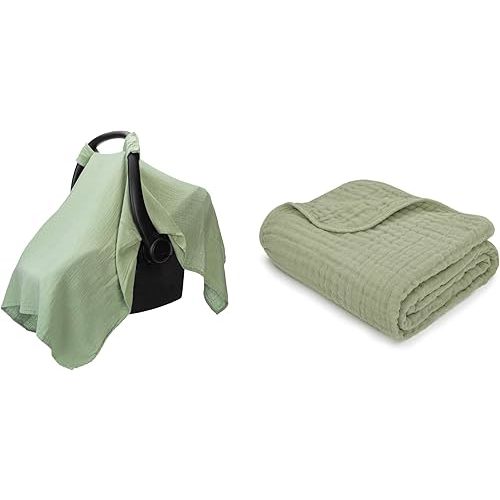 Baby Car Seat Cover and Muslin Baby Blanket Bundled by Comfy Cubs