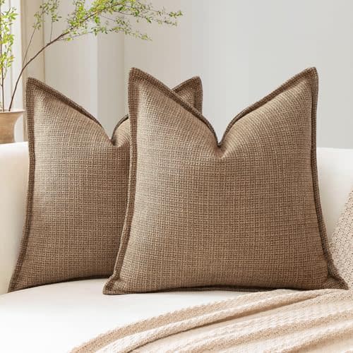 OTOSTAR Pack of 2 Brown Decorative Pillow Covers 14x14 Inch Soft Linen Texture Couch Throw Pillows Farmhouse Cushion Covers with Elegant Design for Sofa Bedroom Living Room Home Decor 35 x 35 CM