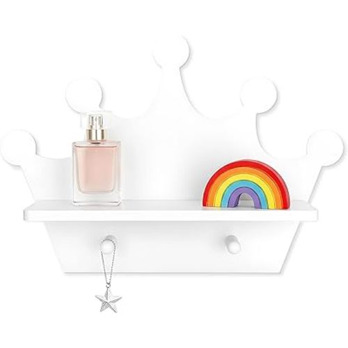 White Crown Floating Wall Shelf with Hooks, Princess Room Decor for Girls Bedroom, Nursery Organizer for Girls Room Storage