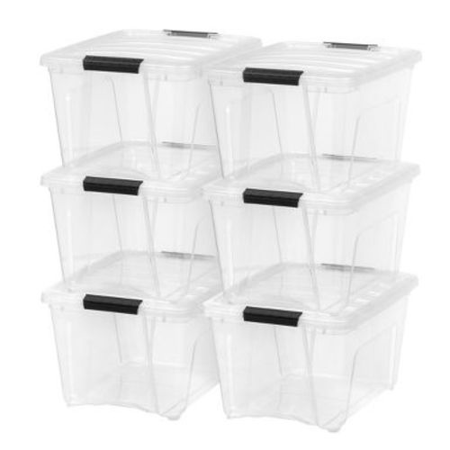 IRIS 32 Qt Plastic Stackable Storage Bin with Lid, Clear, Storage Organizer, 6Pk