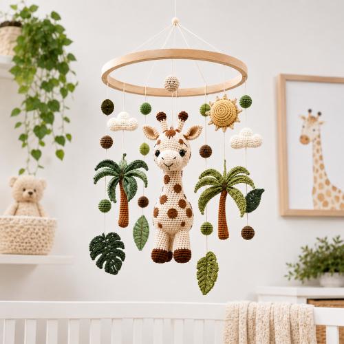Crochet Giraffe Safari Baby Mobile, Jungle Nursery Decor, Handmade Animal Crib Decor
