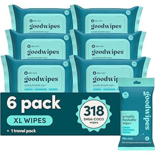 goodwipes Flushable Butt Wipes - Vitamin E & Aloe - Sewer & Septic Safe - Extra Large Adult Wet Wipes For Women & Men - Bathroom Essentials - Shea-Coco, 318 Count (6 Packs + 1 Travel)