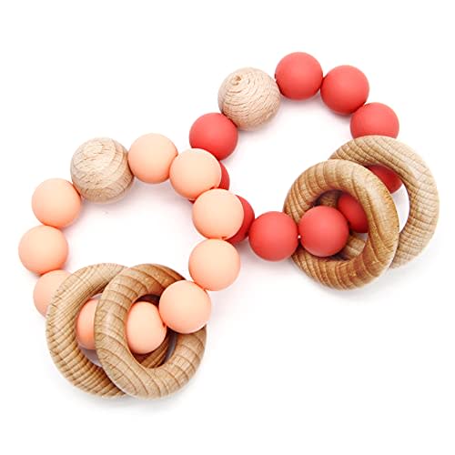 Didhand Baby Rattle Teether Rings 2 Pack Chewable Silicone Teething Toys with Beech Wood Teether Bracelet