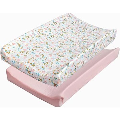 Baby Changing Pad Covers Girl, 2-Pack Changing Table Sheets, Cotton Muslin Changing Pad Covers, 32"x16" x 8" Diaper Changing Pad Cover Girl, Oeko-TEX Certified (Floral Pink Changing Pad Cover)
