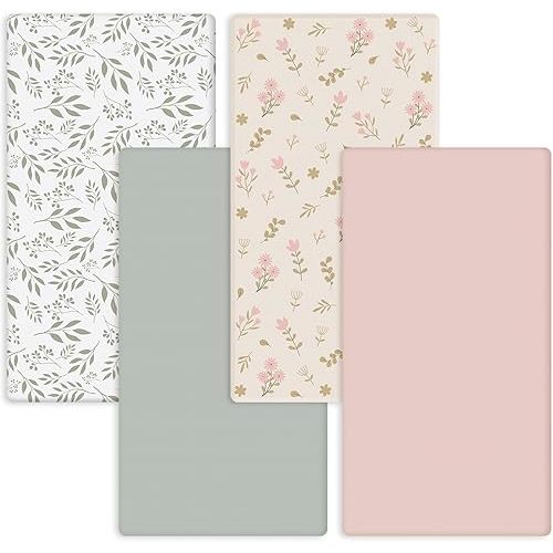 4 Pack Boho Floral Baby Crib Fitted Sheet for Girls 52'' x 28'' Pink Floral Green Leaf Stretchy Fitted Crib Mattress Sheet Wildflower Baby Bedding for Standard Mattress Gift Set