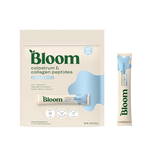 Bloom Nutrition Bovine Colostrum Powder Packet, Gut Health, Immune Support, Hair Growth & Beauty Supplement, Gluten Free, Sugar Free | Unflavored, 15 Servings