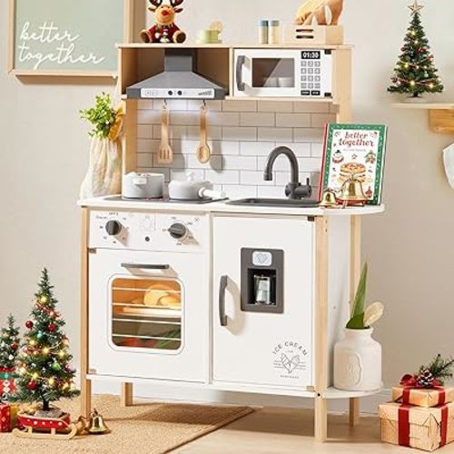 Tiny Land Play Kitchen for Kids, Wooden Kids Play Kitchen Playset Chef Pretend Play Set for Toddlers with Real Lights & Sounds, Toys Kitchen with 18 Pcs Toy Food & Cookware Accessories